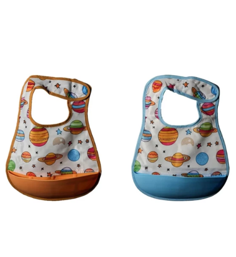 صورة مريلة ليتل موون: راحة و نظافة لرضيعك، بجيوب سيليكون عملية (قطعتين)-برتقالي وازرق