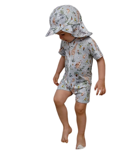صورة بدلة سباحة نيمو جاميكس للأطفال - أخضر منقوشة مع قبعة
