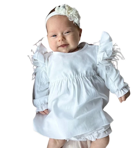 صورة فستان أروينا أبيض سادة للبنات من جاميكس - طقم ملابس أطفال قطن عضوي