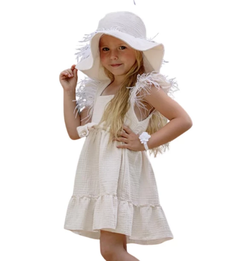 صورة فستان أكالي أبيض سادة للبنات مع قبعة من جاميكس -  قطن عضوي